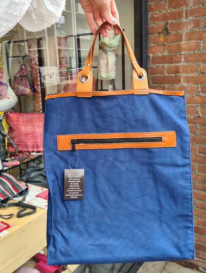 Canvas boodschappentas leren handvatten in blauw