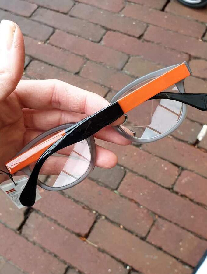 Leesbril neon hoesje en mat montuur grijs