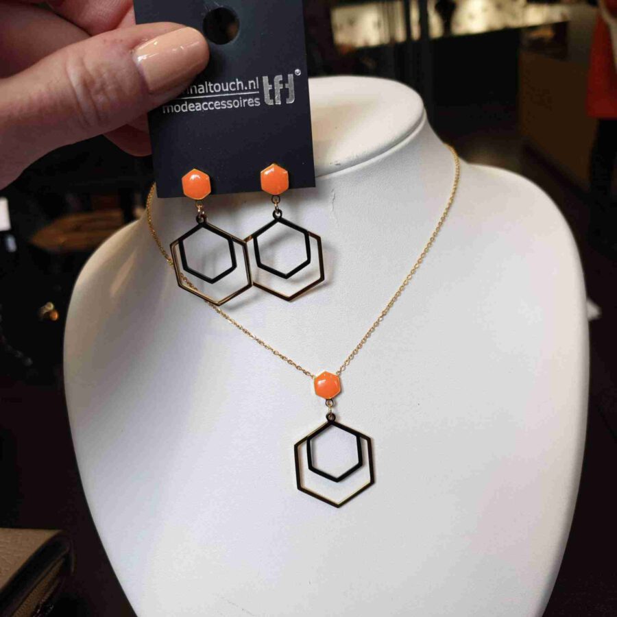 Oorhanger stainless steel zeshoek met oranje steen
