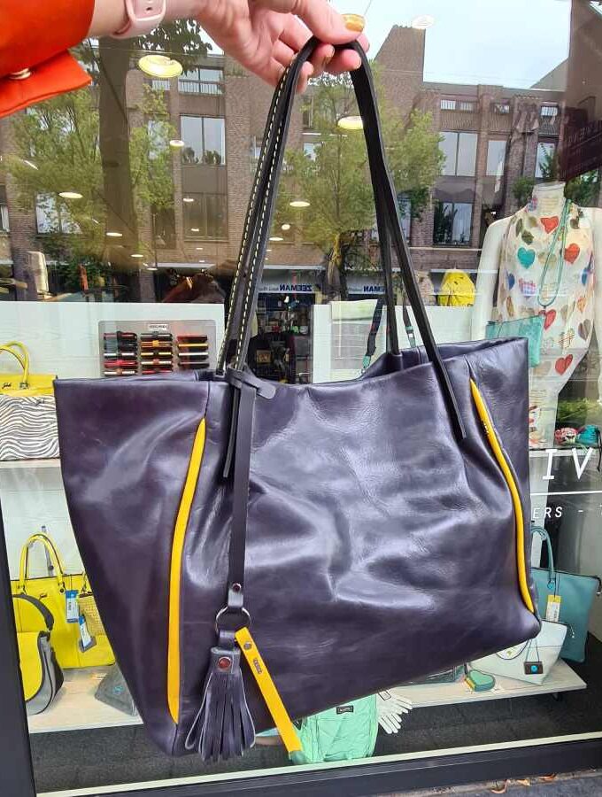 Donkerblauwe shopper leer berba gele voering
