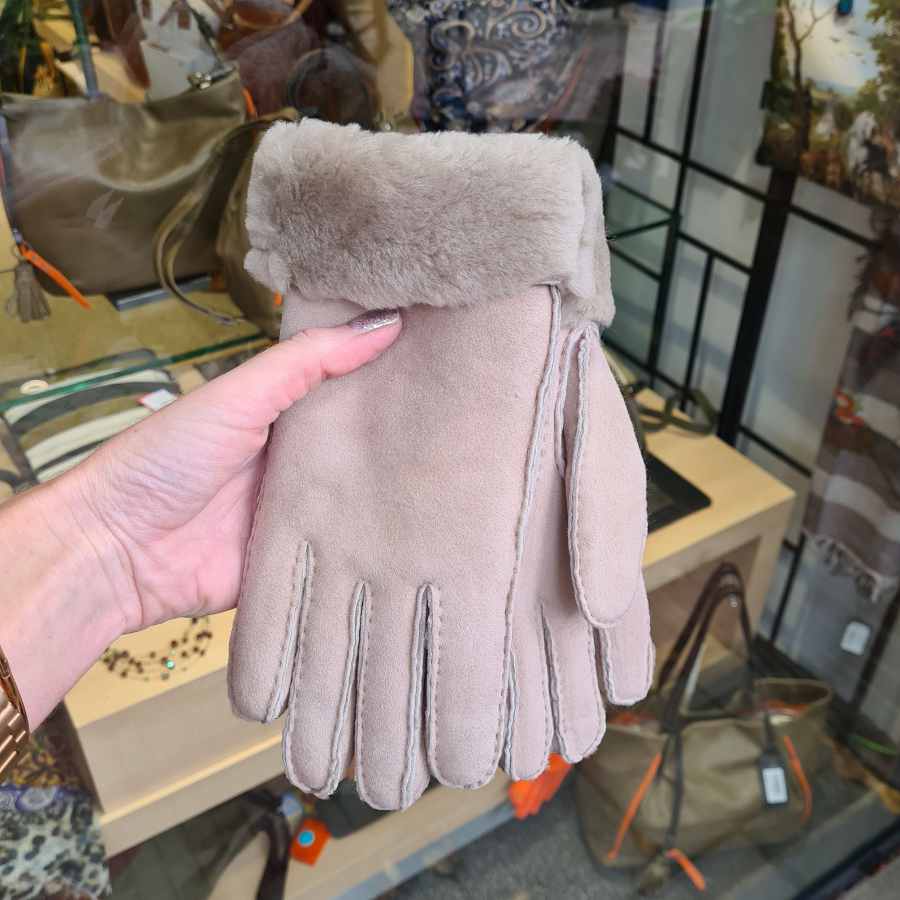 Dames handschoenen wol met rand in beige