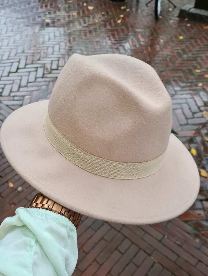 Wollen hoed in beige met stoffen rand