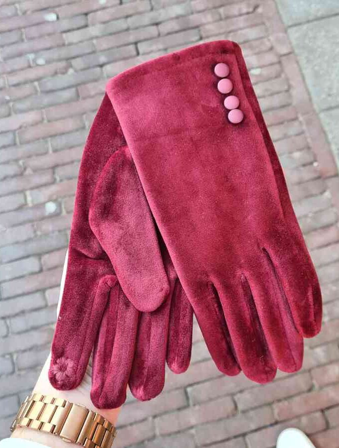 Satijnen handschoenen aubergine met dopjes