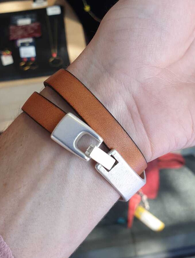 Leren armband zilver en cognac