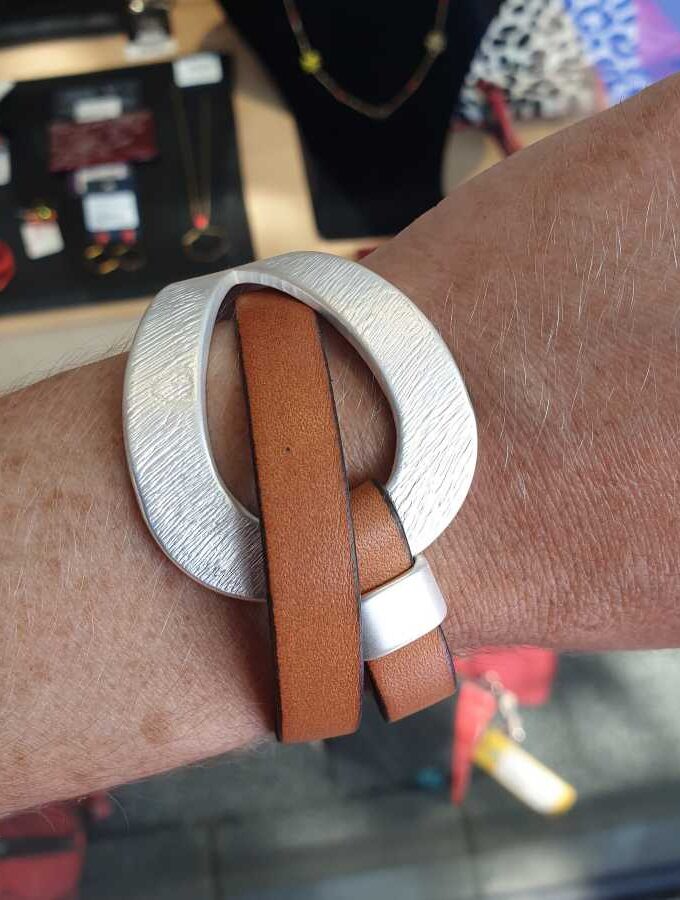 Leren armband zilver en cognac