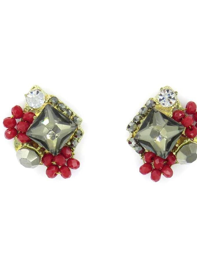 Oorbellen rood grijs stenen