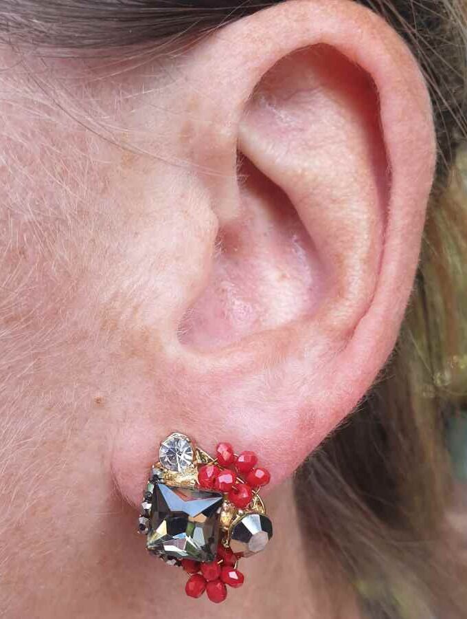 Oorbellen rood grijs stenen