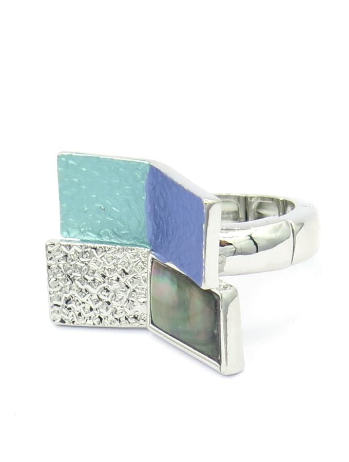 Ring elastiek zilverkleur vierkanten blauw en groen