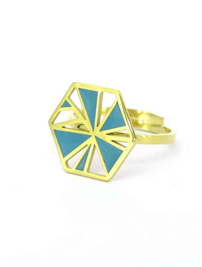 Ring stainless steel zeshoek blauw open