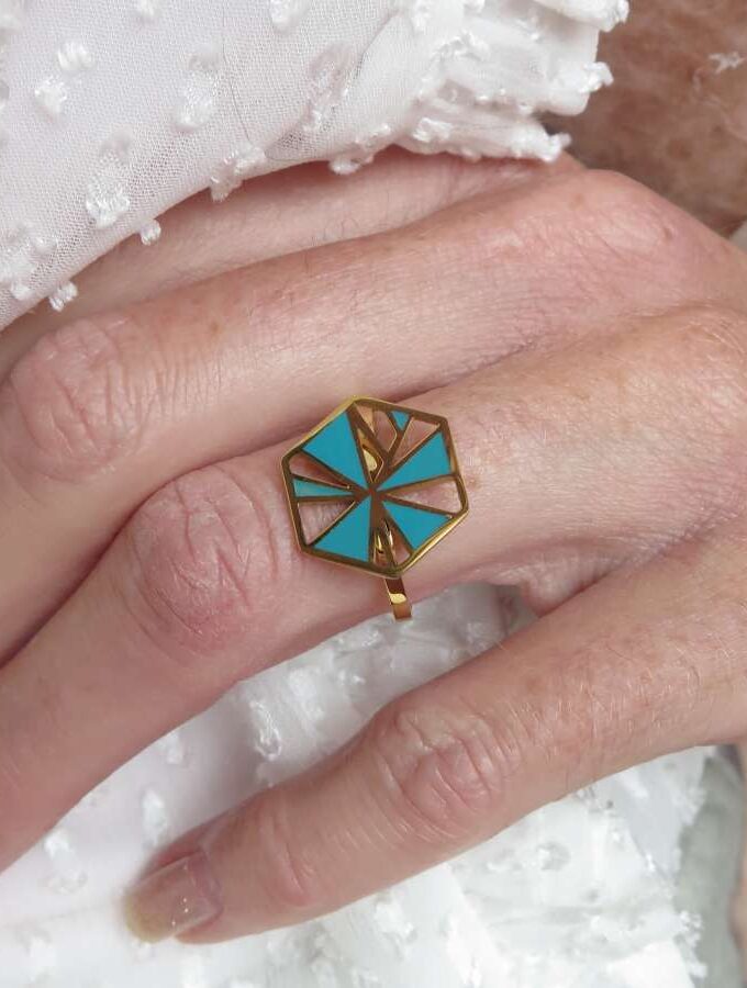 Ring stainless steel zeshoek blauw open