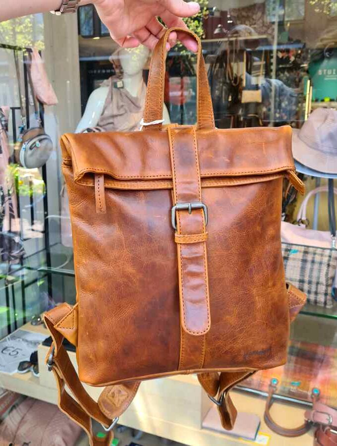 Leren rugzak cognac foldover met gesp