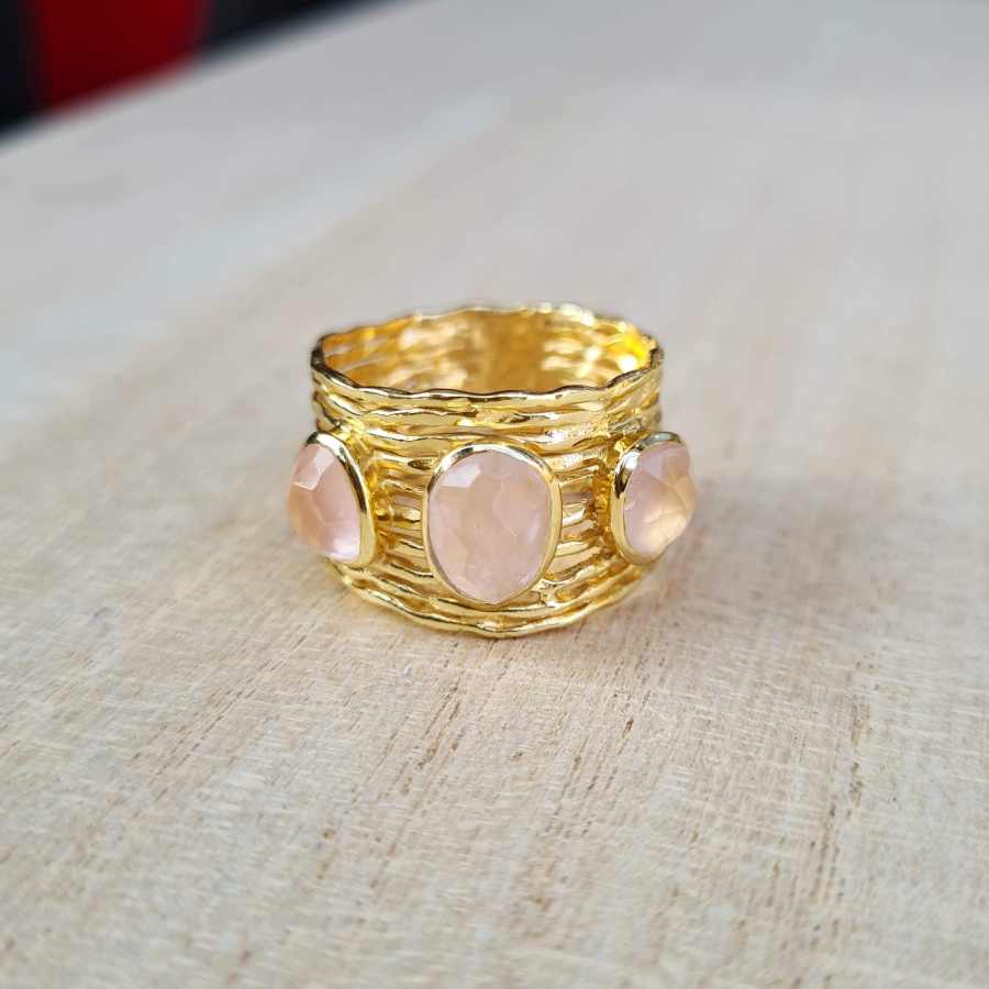 Brede ring 18K verguld met rozenkwarts