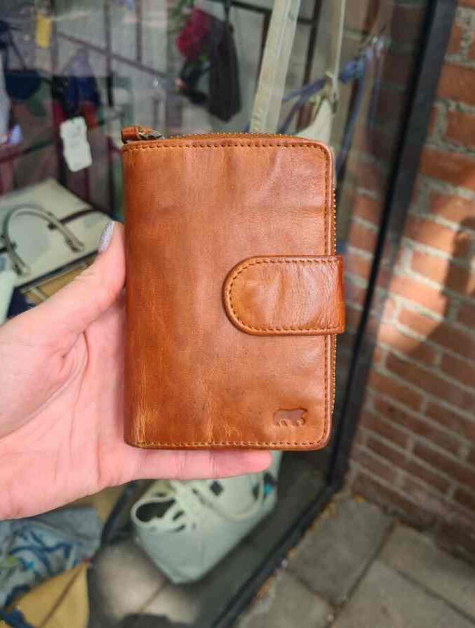 Leren cognac damesportemonnee met rits en RFID