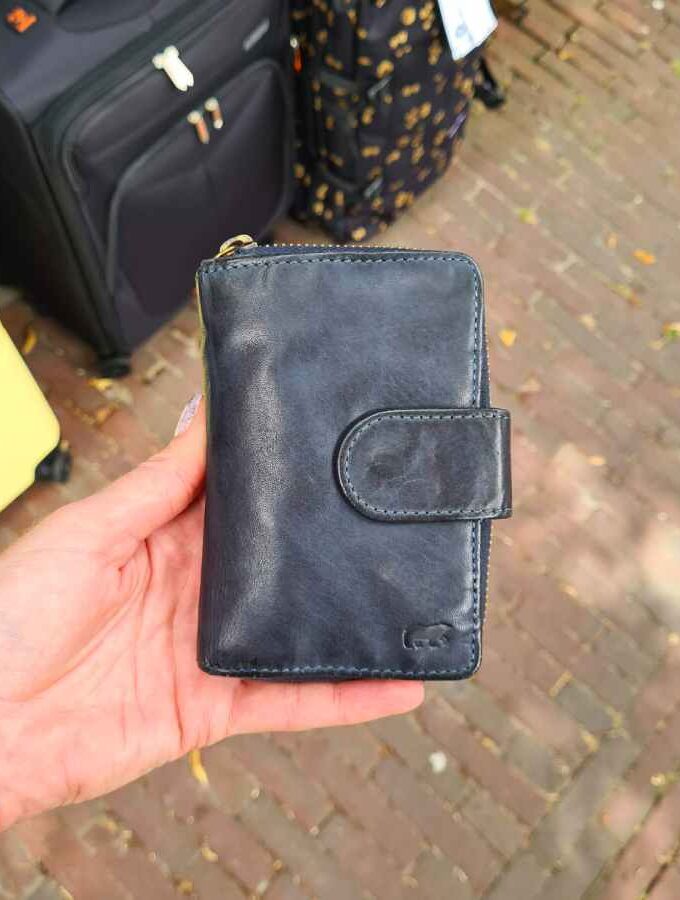 Leren damesportemonnee blauw met rits en RFID