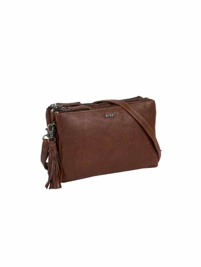 Bruin leren schoudertas met 3 vakken met rits