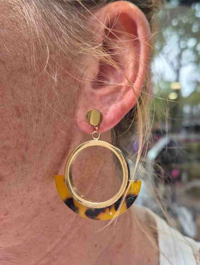 Oorsteker goudkleur stainless steel met emaille bruin gevlekt